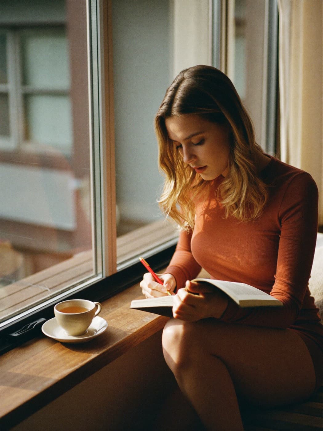 Mujer escribiendo en su diario junto a una ventana